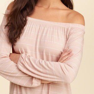 Hollister Off-The-Shoulder Pink & White Strip Top